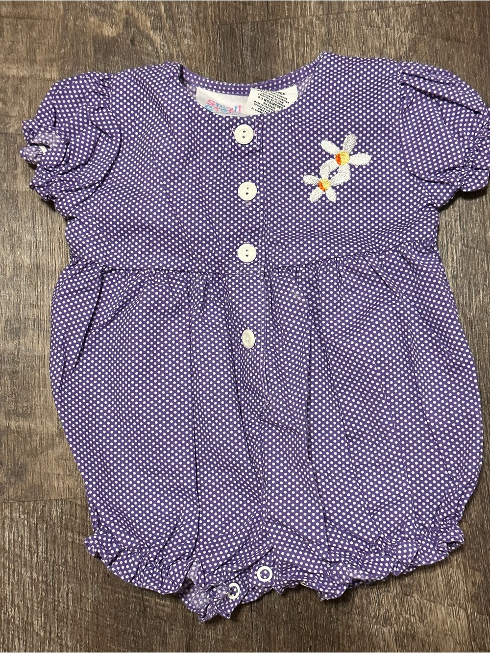 Vintage Girls Small Steps Purple Polka Dot Floral Embroidered Romper 0-3 Months